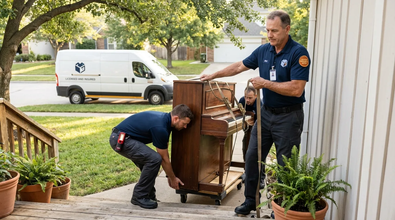 Licensed piano movers securing grand piano in Roseburg, OR