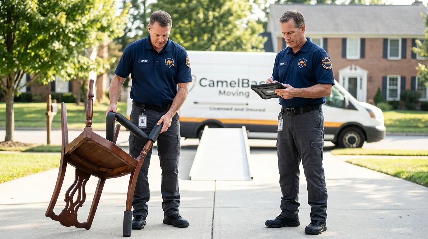Movers inspecting furniture for damage prevention before loading in Roseburg, OR