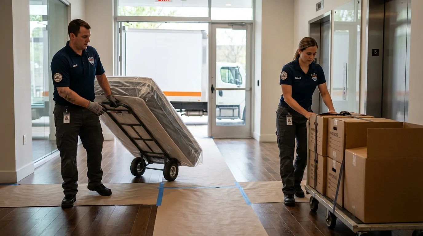 Professional apartment movers loading elevator in Roseburg, OR